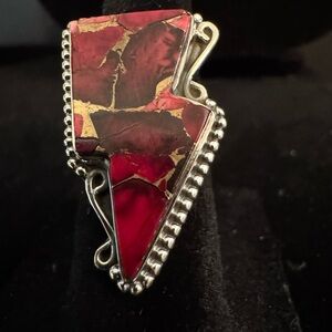 Red Dahlia sterling, silver lightning bolt Geometric Ring